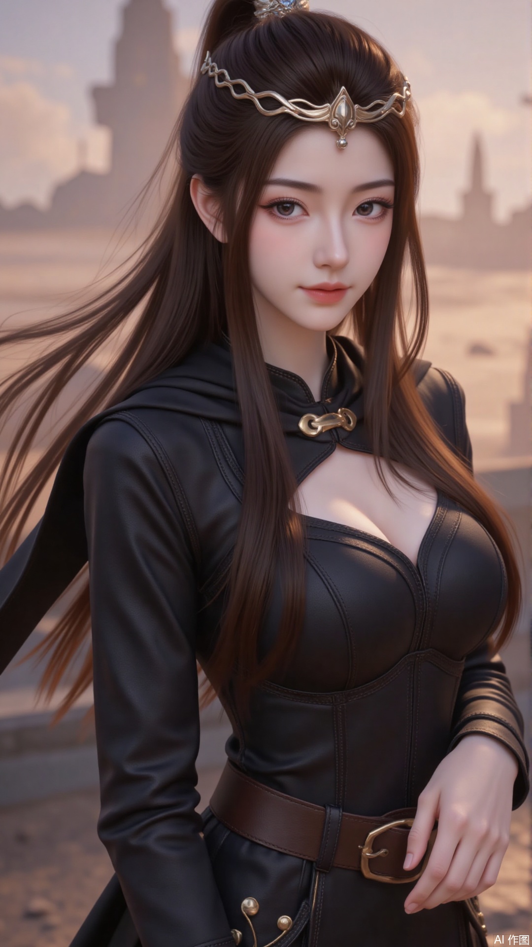 1girl, solo, long hair, medium breasts, looking at viewer, mischevious smile, perfect body, scenery, sharp focus, best quality, masterpiece, detailed outfit, illustration, perfect eyes, finely detailed beautiful anime eyes, realistic skin, intricate details, best lighting, depth of field, ultra high resolution,cowboy_shot