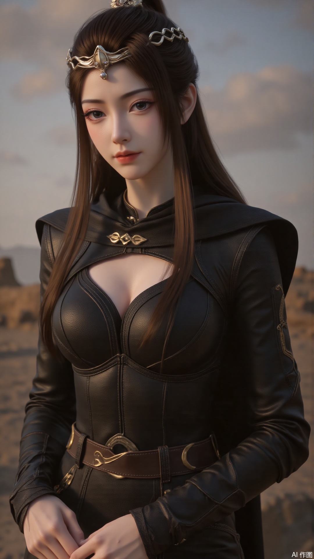 1girl, solo, long hair, medium breasts, looking at viewer, mischevious smile, perfect body, scenery, sharp focus, best quality, masterpiece, detailed outfit, illustration, perfect eyes, finely detailed beautiful anime eyes, realistic skin, intricate details, best lighting, depth of field, ultra high resolution,cowboy_shot
