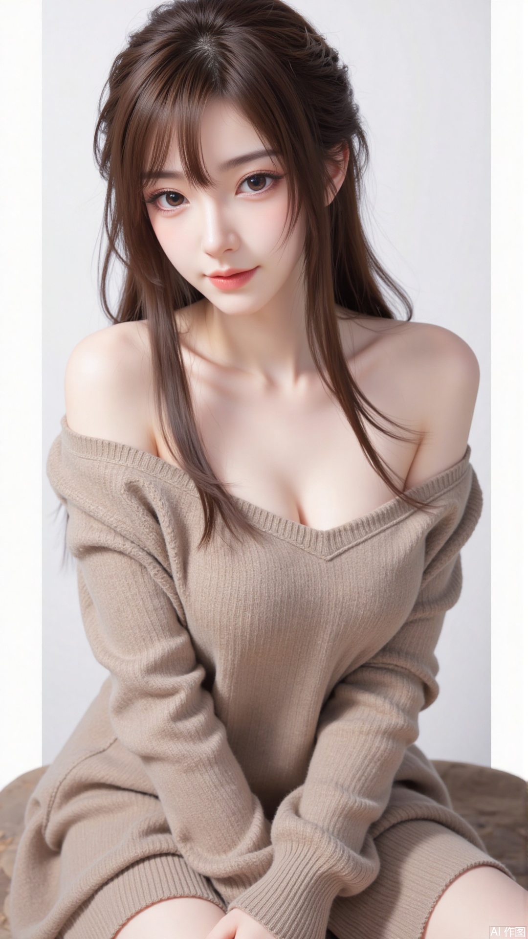 1girl, solo, long hair, looking at viewer, smile, sitting, collarbone, off shoulder, sweater, messy hair, realistic
