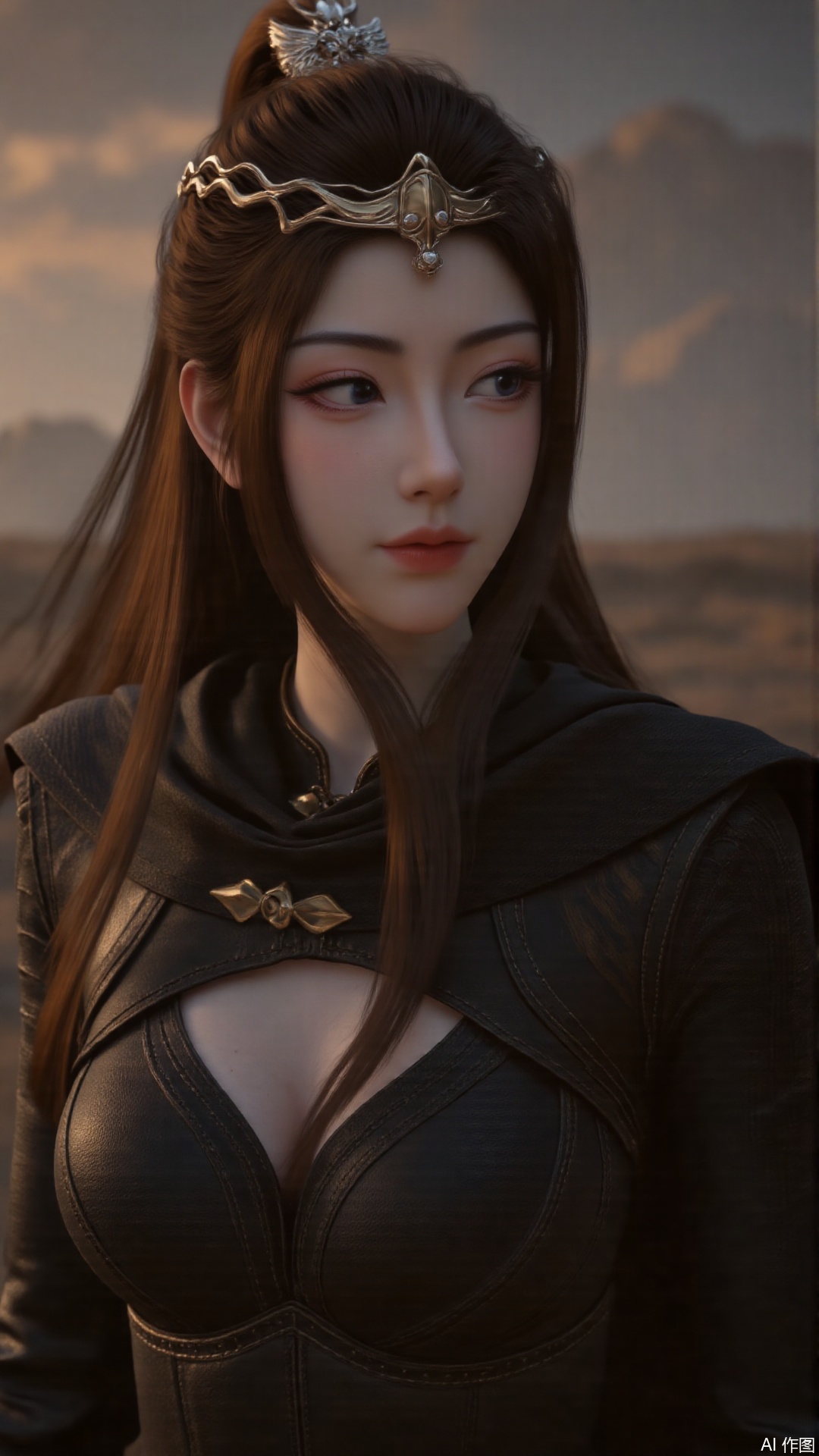 1girl, solo, long hair, medium breasts, looking at viewer, mischevious smile, perfect body, scenery, sharp focus, best quality, masterpiece, detailed outfit, illustration, perfect eyes, finely detailed beautiful anime eyes, realistic skin, intricate details, best lighting, depth of field, ultra high resolution,cowboy_shot