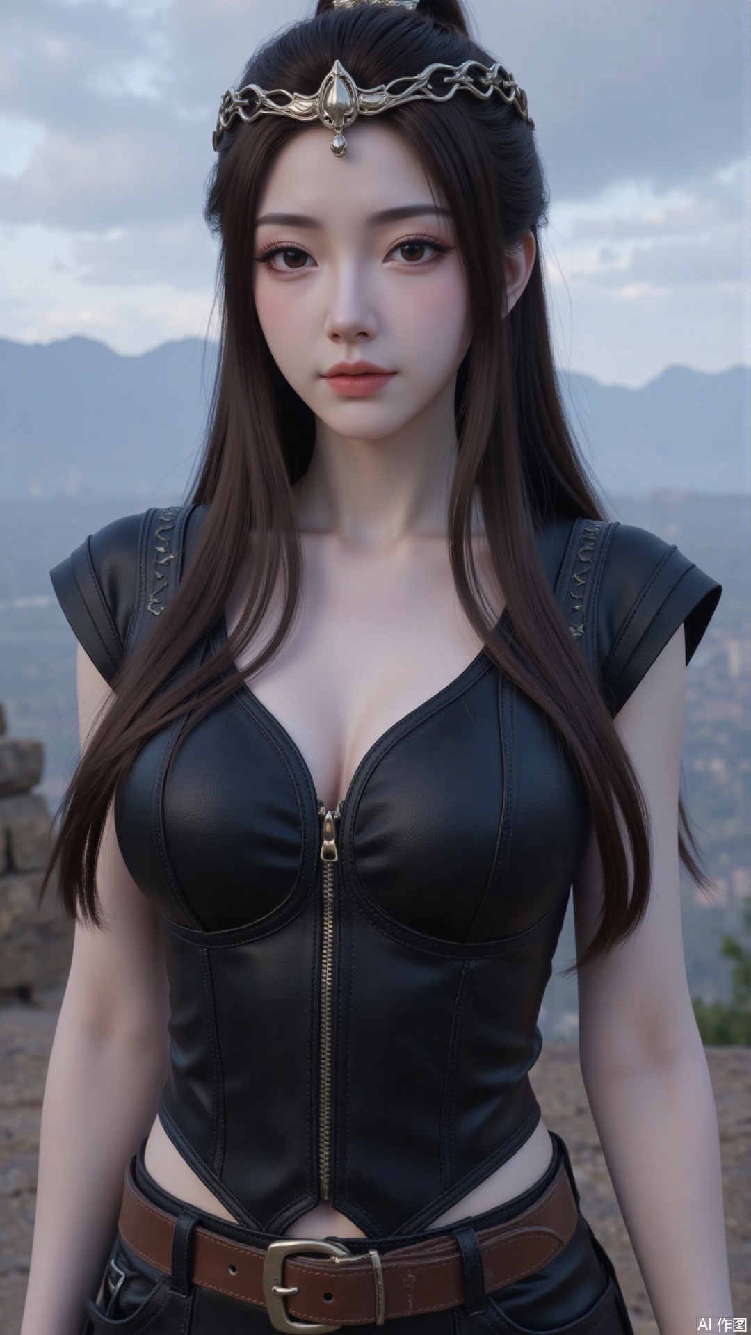 1girl, solo, long hair, medium breasts, looking at viewer, mischevious smile, perfect body, scenery, sharp focus, best quality, masterpiece, detailed outfit, illustration, perfect eyes, finely detailed beautiful anime eyes, realistic skin, intricate details, best lighting, depth of field, ultra high resolution,cowboy_shot