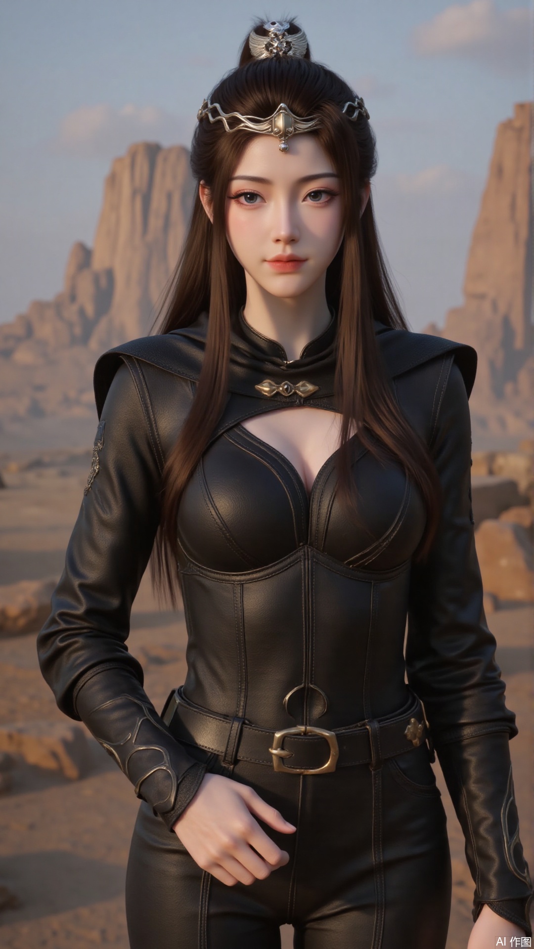 1girl, solo, long hair, medium breasts, looking at viewer, mischevious smile, perfect body, scenery, sharp focus, best quality, masterpiece, detailed outfit, illustration, perfect eyes, finely detailed beautiful anime eyes, realistic skin, intricate details, best lighting, depth of field, ultra high resolution,cowboy_shot