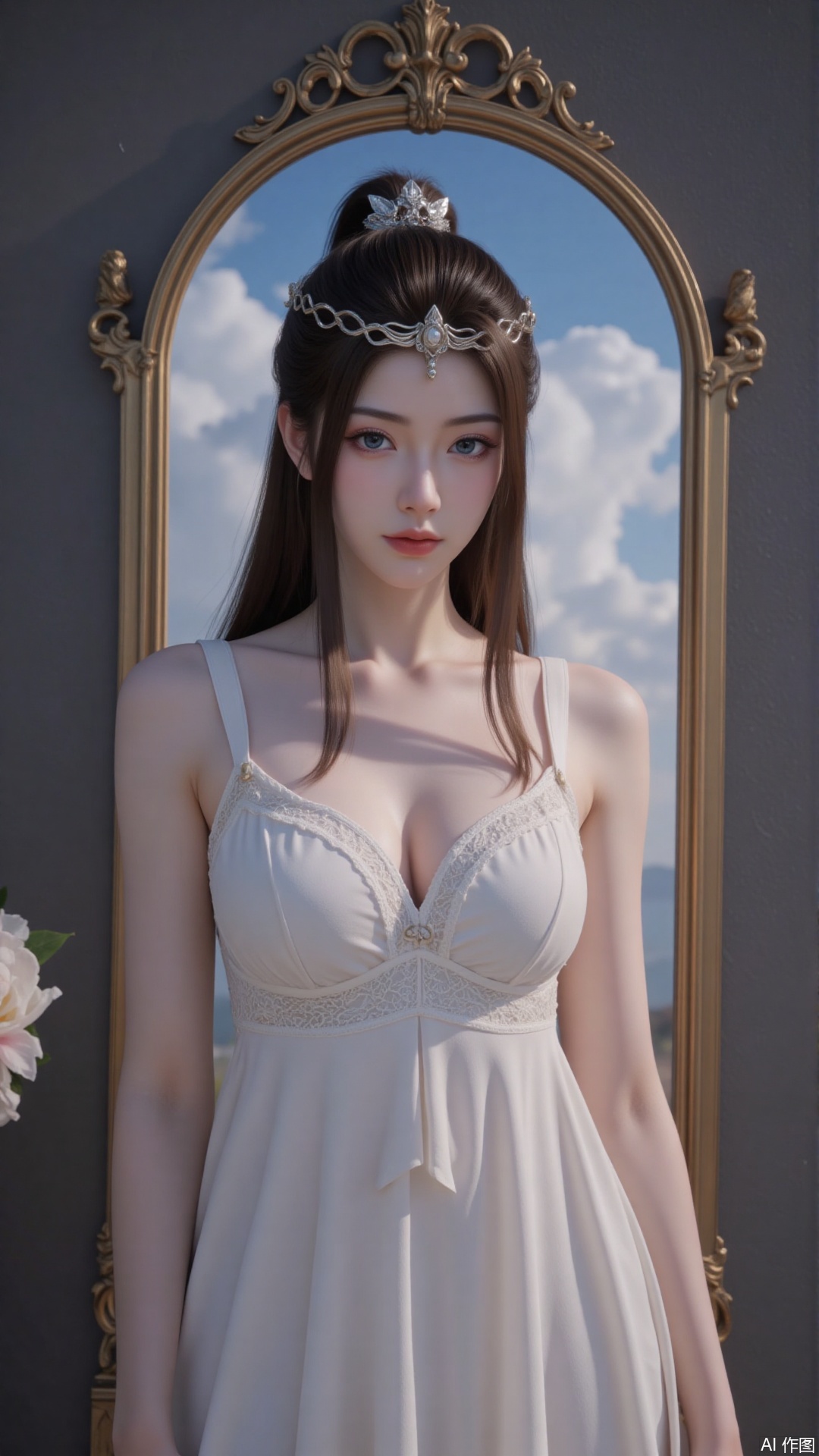 Very detailed face, extremely detailed eyes and face, blue eyes, (vacuum), 8K wallpaper, light leak, beautiful and detailed girl, extremely detailed CGUnity8K wallpaper, an extremely detailed and beautiful, beautiful and detailed eyes, masterpiece, best quality, Real photo level, (frontal shooting panoramic perspective), ( (Full body photo)), dynamic angle, dynamic pose, solo, ancient style silver hairpin with petals, blue sky and white clouds, (C cup), (huge round breasts), slender legs, super good figure, stunning beauty, (whole body in the mirror) , (wearing Lolita nightgown), (light reflects the shadow of the body through the clothes),vacuum,bare and smooth