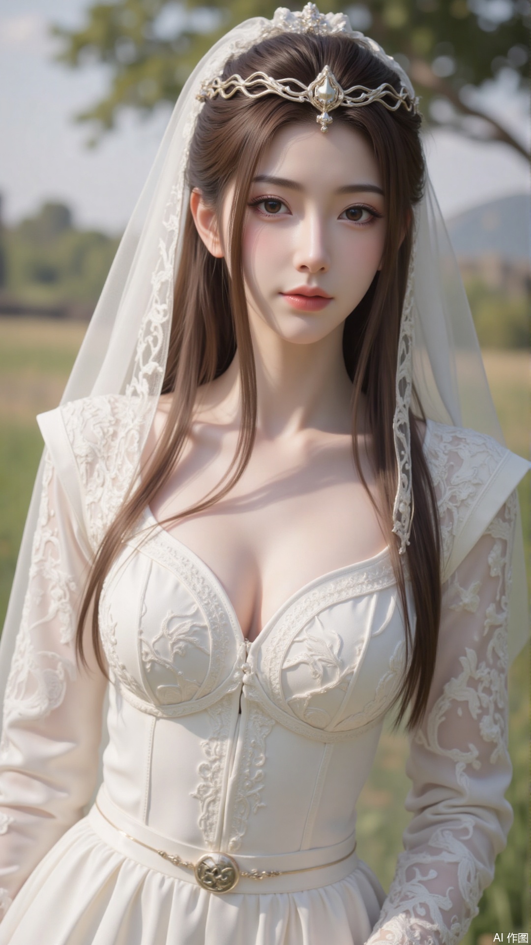 1girl, white wedding dress,looking at viewer, mischevious smile, perfect body, scenery, sharp focus, best quality, masterpiece, detailed outfit, illustration, perfect eyes, finely detailed beautiful anime eyes, realistic skin, intricate details, best lighting, depth of field, ultra high resolution, cowboy_shot, bride