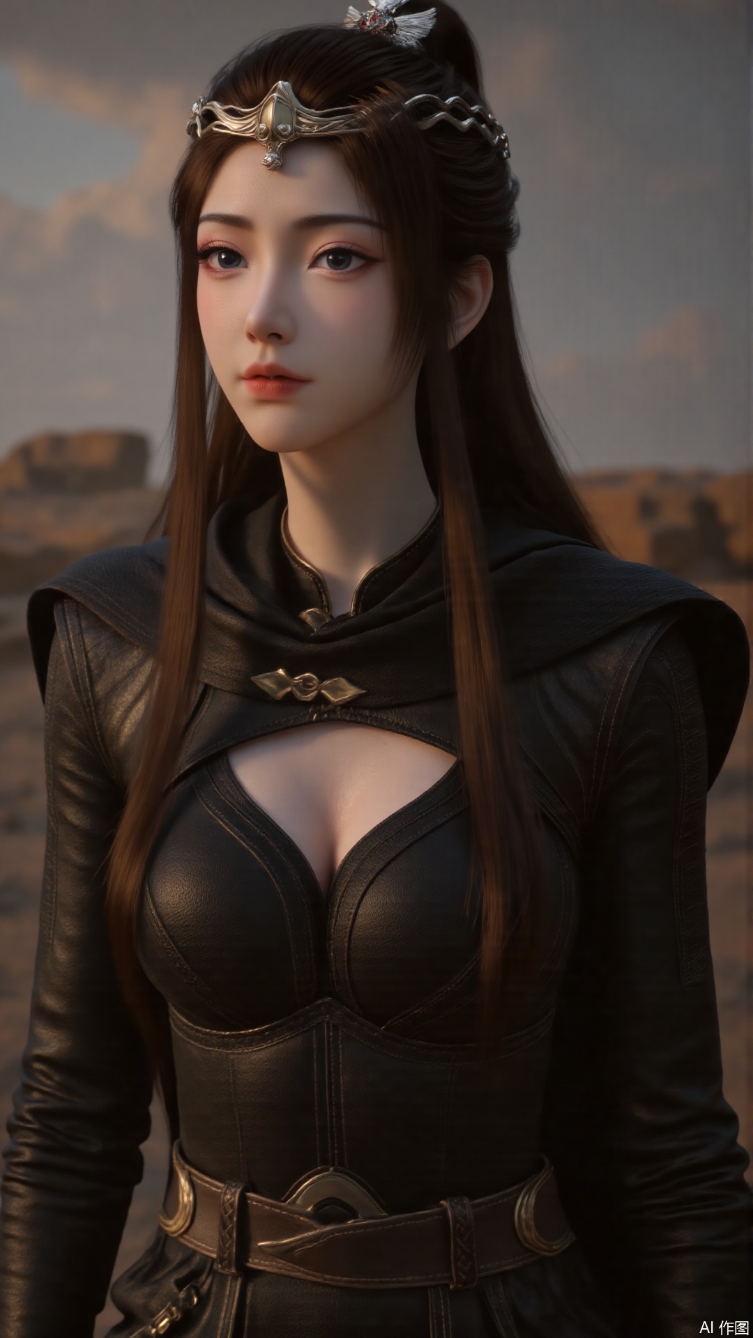 1girl, solo, long hair, medium breasts, looking at viewer, mischevious smile, perfect body, scenery, sharp focus, best quality, masterpiece, detailed outfit, illustration, perfect eyes, finely detailed beautiful anime eyes, realistic skin, intricate details, best lighting, depth of field, ultra high resolution,sitting
