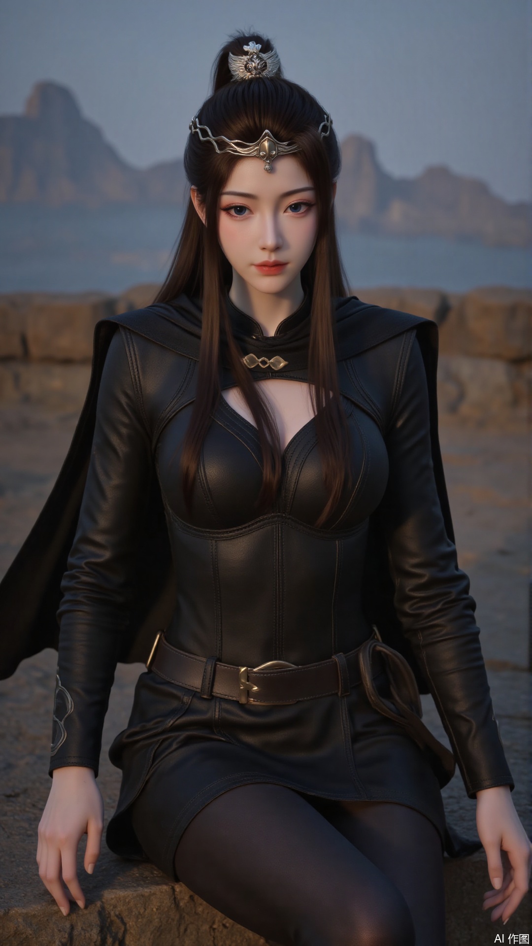1girl, solo, long hair, medium breasts, looking at viewer, mischevious smile, perfect body, scenery, sharp focus, best quality, masterpiece, detailed outfit, illustration, perfect eyes, finely detailed beautiful anime eyes, realistic skin, intricate details, best lighting, depth of field, ultra high resolution,sitting