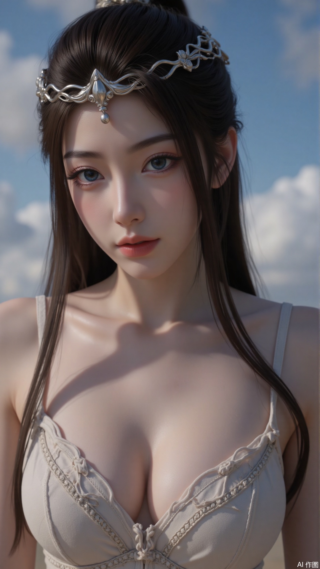 Very detailed face, extremely detailed eyes and face, blue eyes, (vacuum), 8K wallpaper, light leak, beautiful and detailed girl, extremely detailed CGUnity8K wallpaper, an extremely detailed and beautiful, beautiful and detailed eyes, masterpiece, best quality, Real photo level, (frontal shooting panoramic perspective), ( (Full body photo)), dynamic angle, dynamic pose, solo, ancient style silver hairpin with petals, blue sky and white clouds, (C cup), (huge round breasts), slender legs, super good figure, stunning beauty, (whole body in the mirror) , (wearing Lolita nightgown), (light reflects the shadow of the body through the clothes),vacuum,bare and smooth