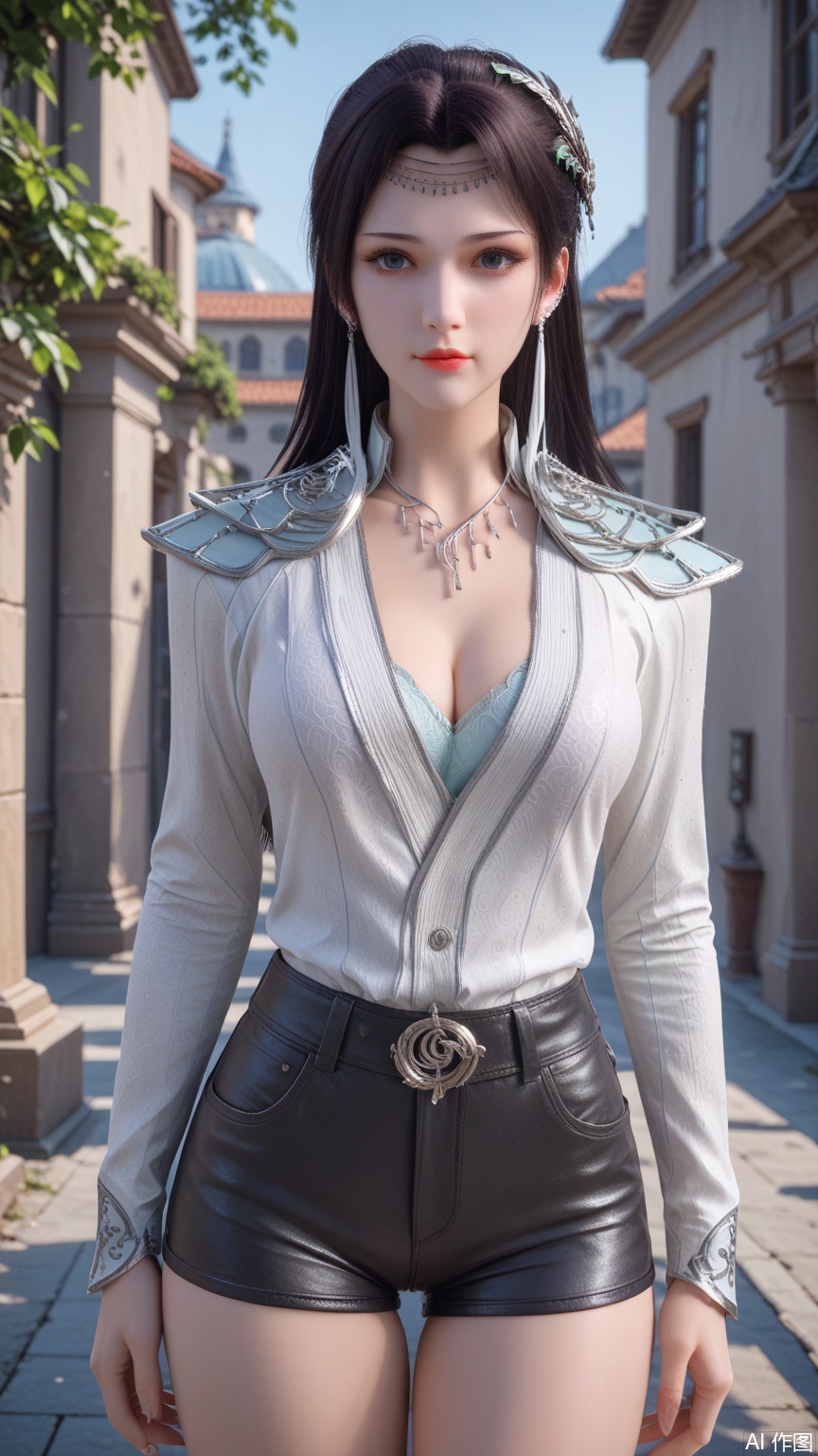 score_9_up,score_8_up,score_7_up, (high definition, Best quality, masterpiece, 4K, exquisite skin), perfect_anatomy, intricate details, 1girl, solo, big breasts, looking at viewer, cowboy_shot,white shirt,black shorts