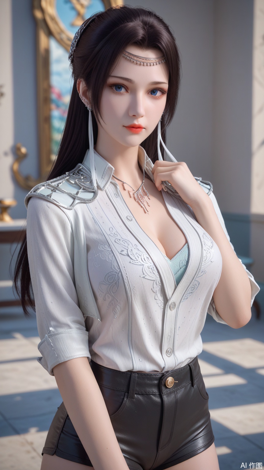 score_9_up,score_8_up,score_7_up, (high definition, Best quality, masterpiece, 4K, exquisite skin), perfect_anatomy, intricate details, 1girl, solo, big breasts, looking at viewer, cowboy_shot,(white shirt:1.2),black shorts