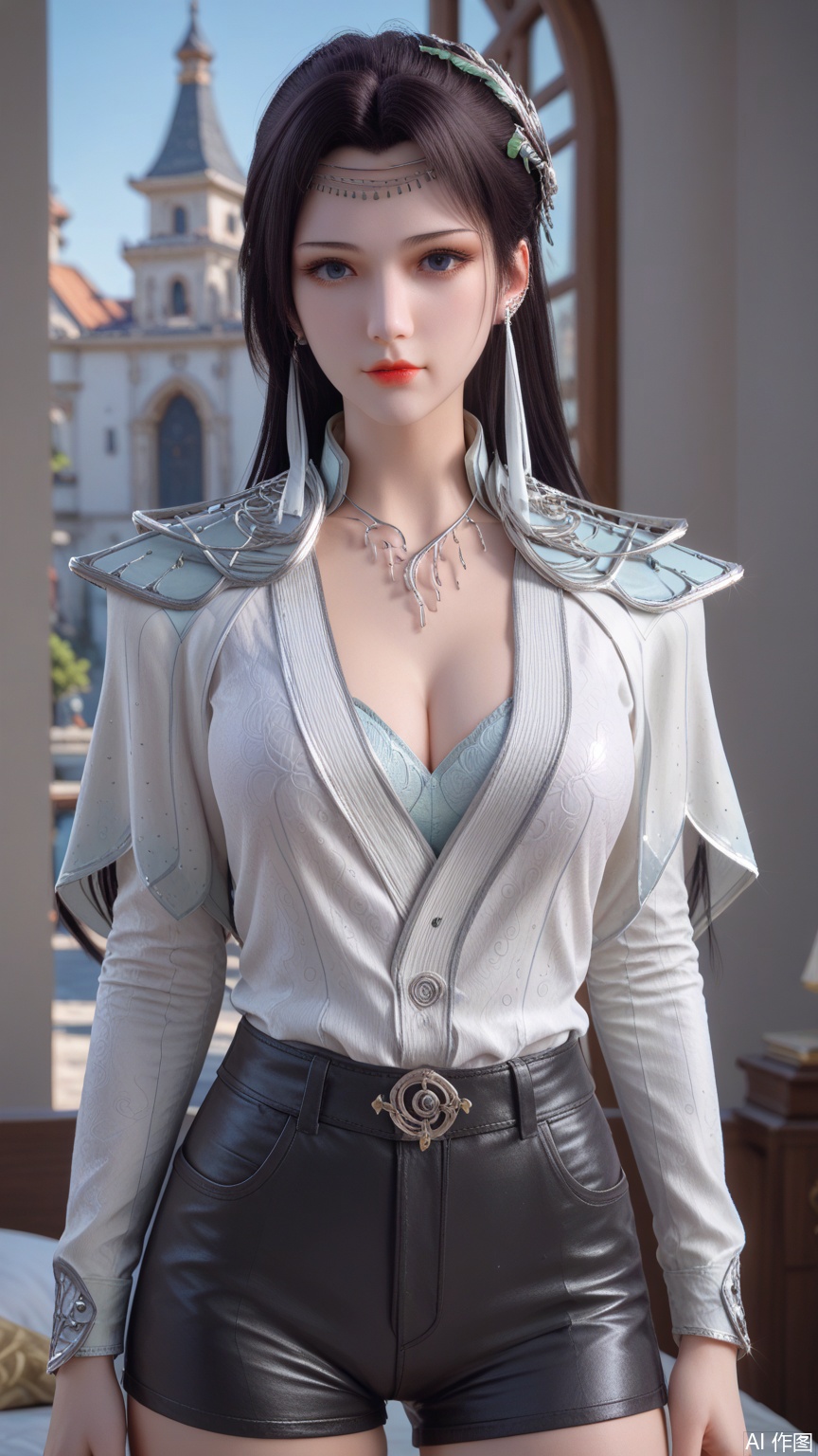 score_9_up,score_8_up,score_7_up, (high definition, Best quality, masterpiece, 4K, exquisite skin), perfect_anatomy, intricate details, 1girl, solo, big breasts, looking at viewer, cowboy_shot,white shirt,black shorts