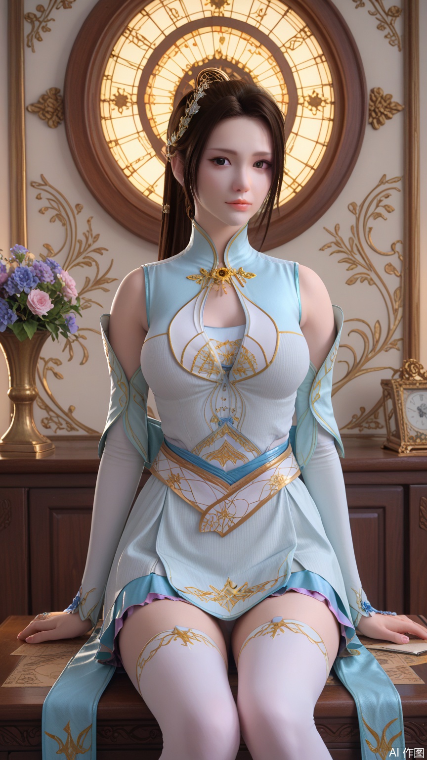  score_9_up,score_8_up,score_7_up, (high definition, Best quality, masterpiece, 4K, exquisite skin), perfect_anatomy, (starlight and beam background:1.1), 1girl, solo, big breasts, looking at viewer, ponytail holder, sitting