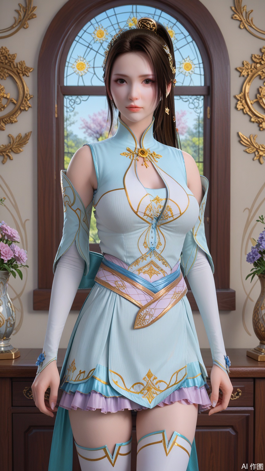 score_9_up,score_8_up,score_7_up, (high definition, Best quality, masterpiece, 4K, exquisite skin), perfect_anatomy, (starlight and beam background:1.1), 1girl, solo, big breasts, looking at viewer, cowboy_shot,ponytail holder