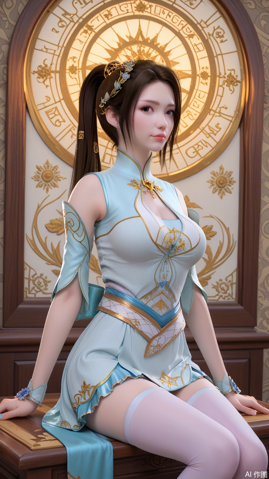  score_9_up,score_8_up,score_7_up, (high definition, Best quality, masterpiece, 4K, exquisite skin), perfect_anatomy, (starlight and beam background:1.1), 1girl, solo, big breasts, looking at viewer, ponytail holder, sitting