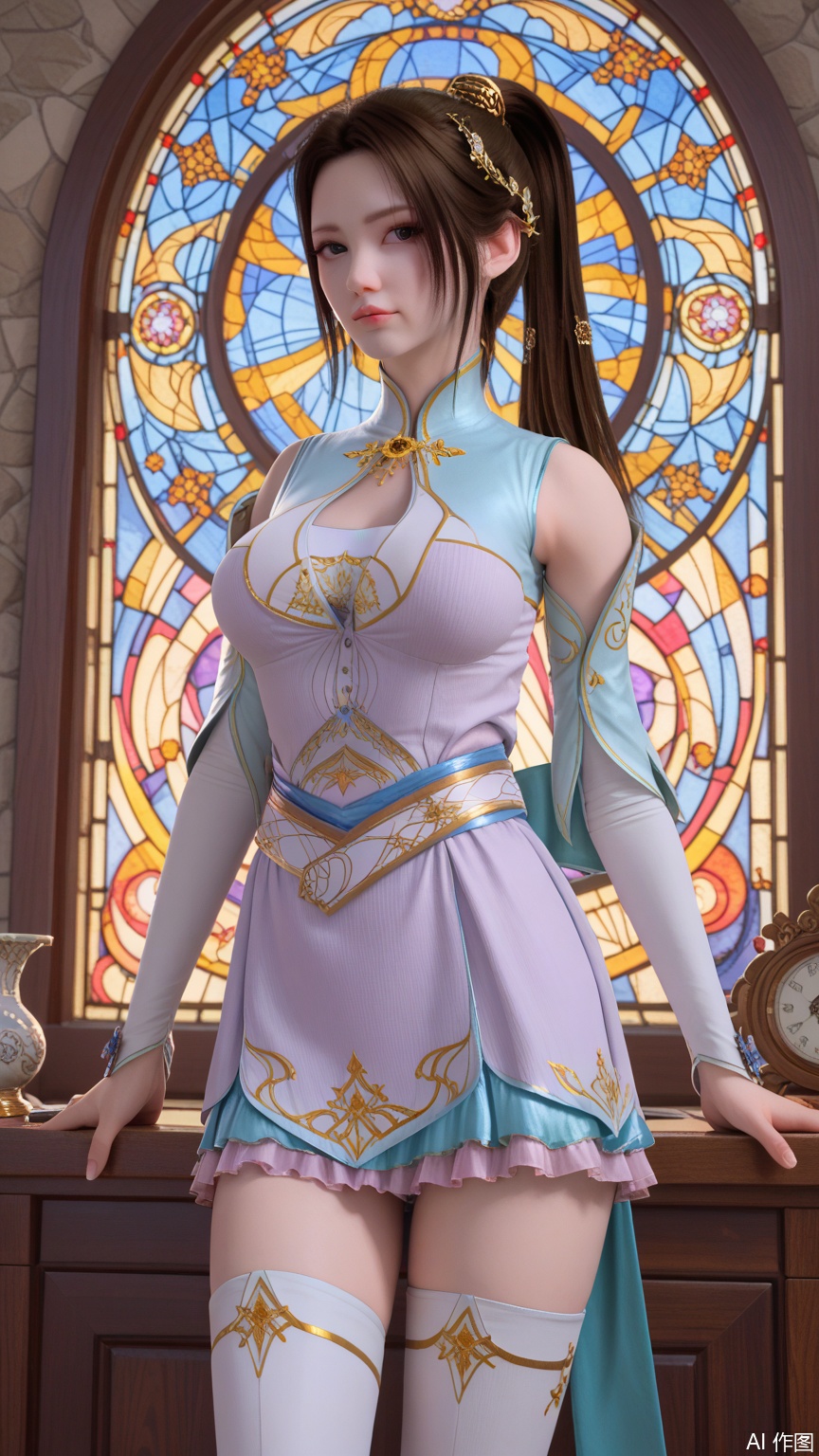  score_9_up,score_8_up,score_7_up, (high definition, Best quality, masterpiece, 4K, exquisite skin), perfect_anatomy, (starlight and beam background:1.1), 1girl, solo, big breasts, looking at viewer, cowboy_shot,ponytail holder