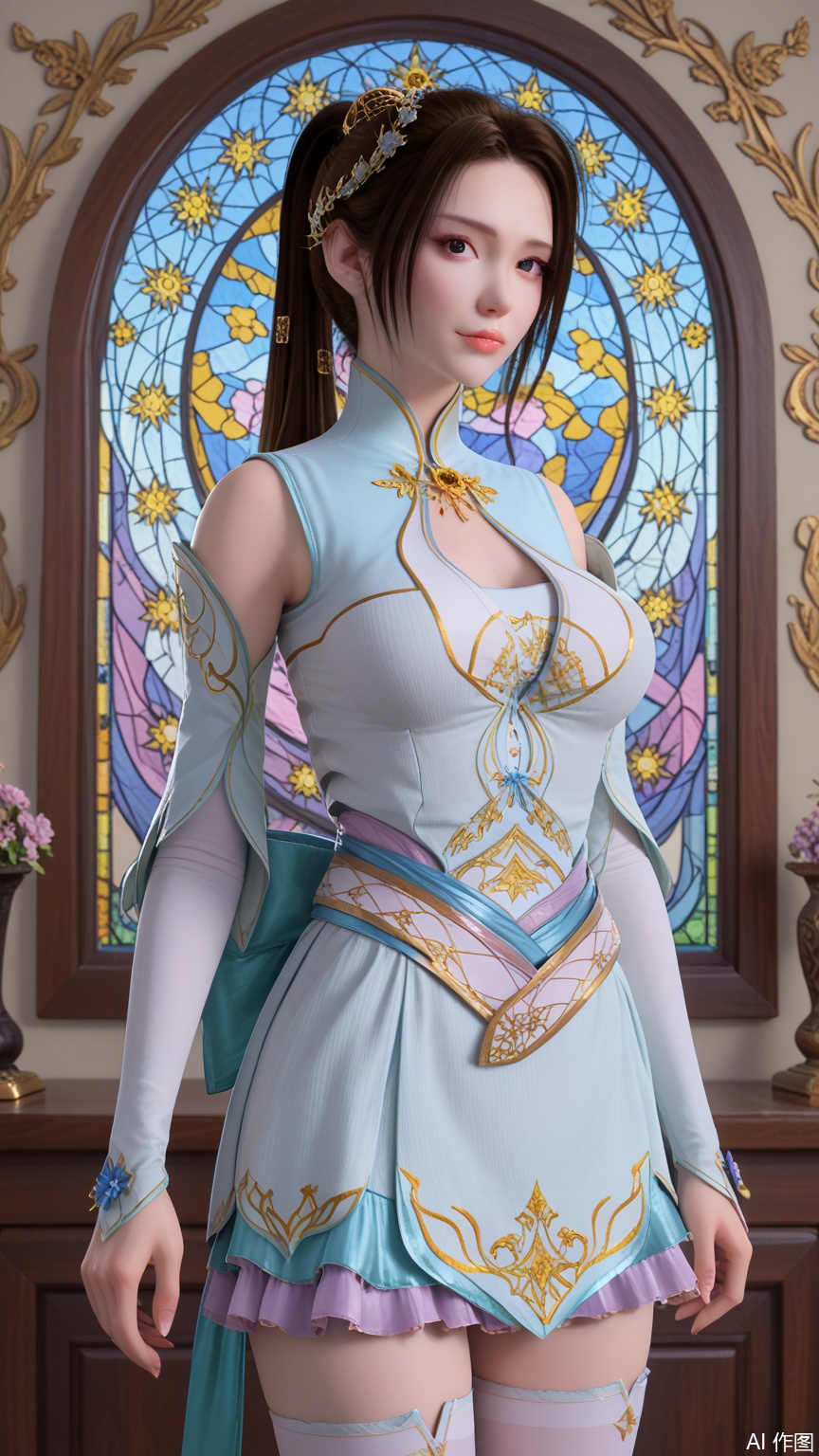  score_9_up,score_8_up,score_7_up, (high definition, Best quality, masterpiece, 4K, exquisite skin), perfect_anatomy, (starlight and beam background:1.1), 1girl, solo, big breasts, looking at viewer, cowboy_shot,ponytail holder