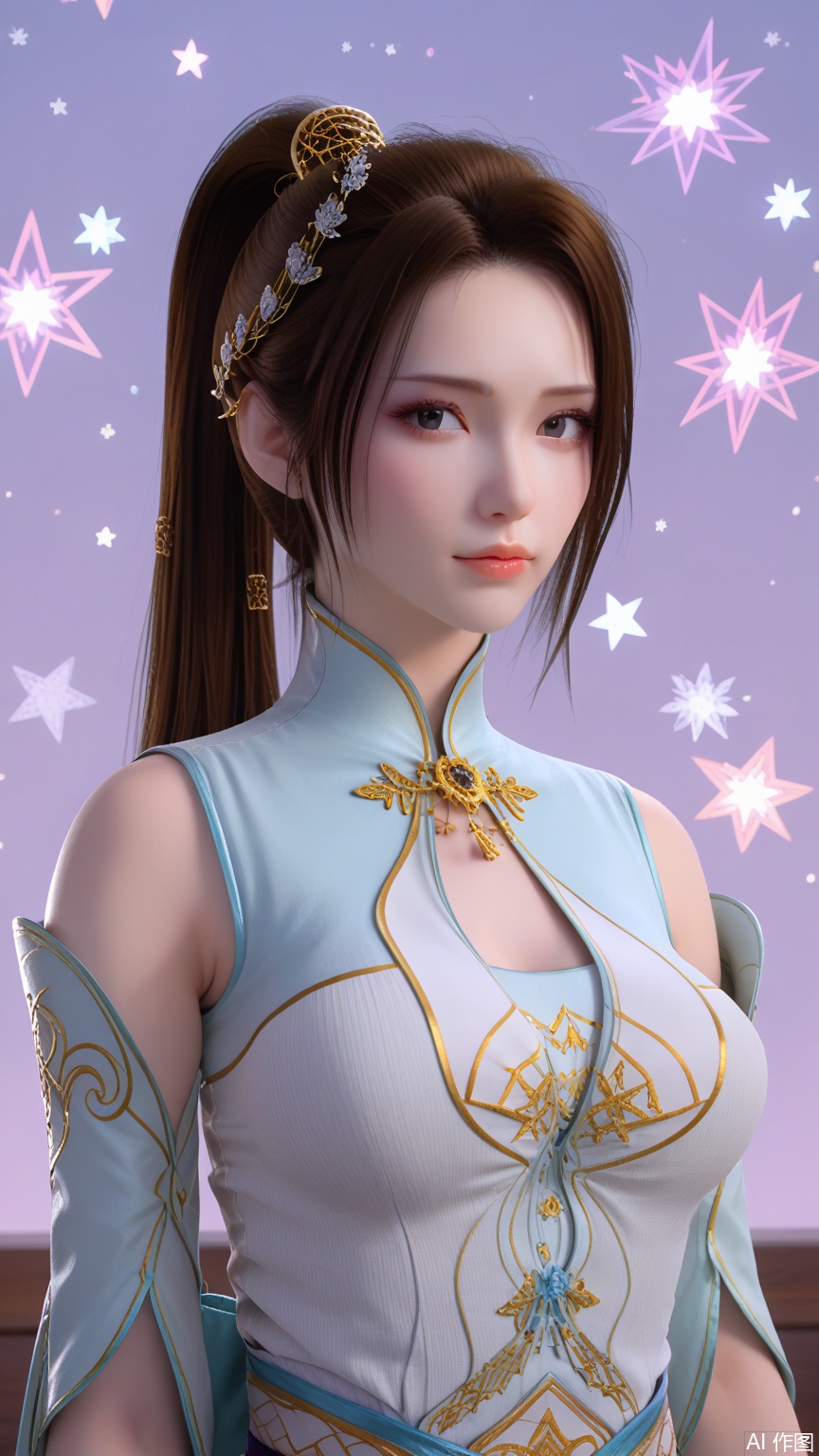  score_9_up,score_8_up,score_7_up, (high definition, Best quality, masterpiece, 4K, exquisite skin), perfect_anatomy, (starlight and beam background:1.1), 1girl, solo, big breasts, looking at viewer, ponytail holder, upper_body
