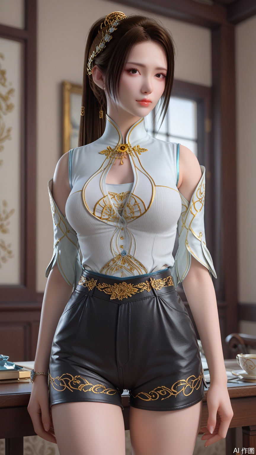 score_9_up,score_8_up,score_7_up, (high definition, Best quality, masterpiece, 4K, exquisite skin), perfect_anatomy, intricate details, 1girl, solo, big breasts, looking at viewer, (cowboy_shot:1.2),white shirt,black shorts