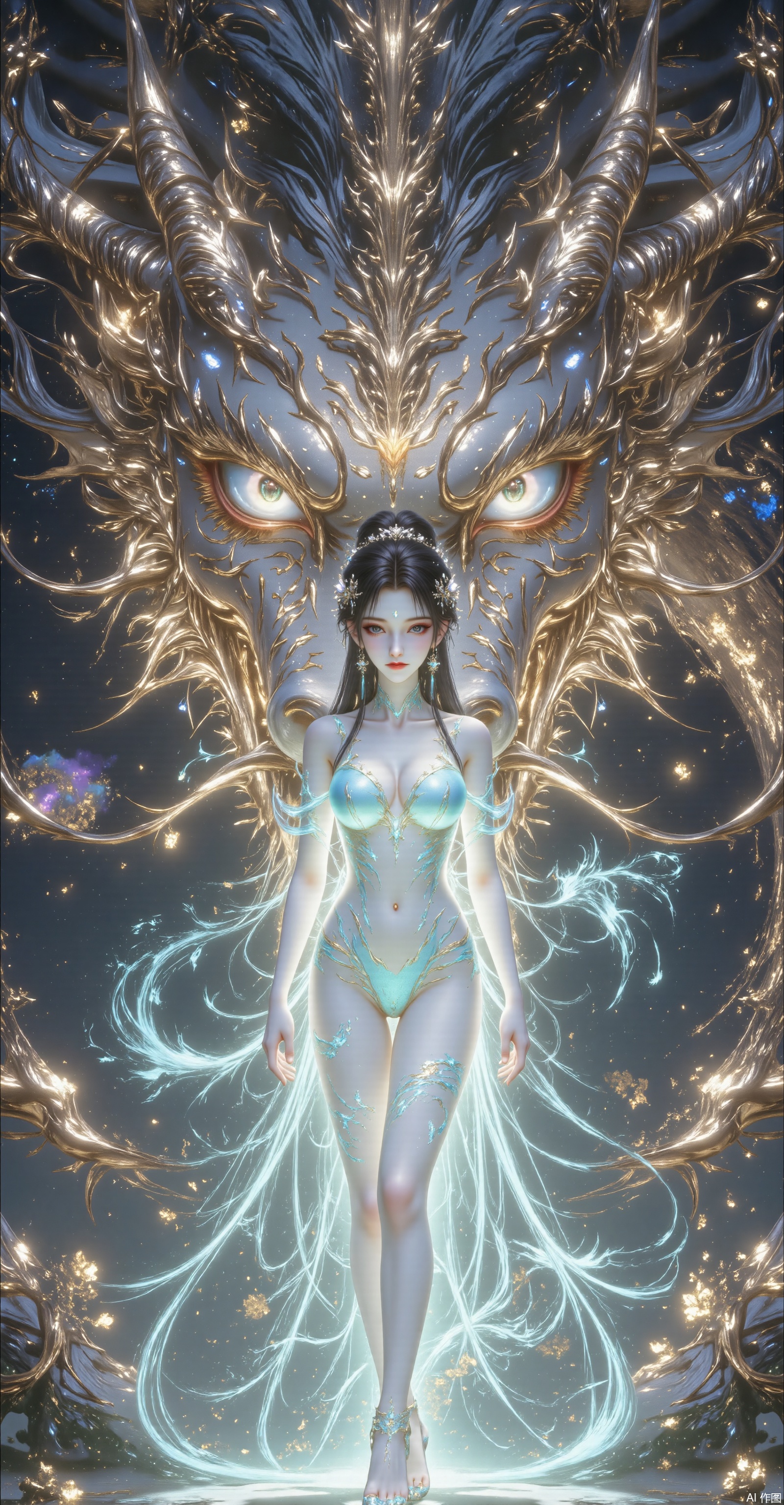 In Ultra-Macro close-up, a cool and beautiful woman stands in front of a huge glowing golden dragon head, standing between the dragon's two eyes, occupying the entire background. There was only one huge faucet, Lange's eyes looked straight at the camera, majestic eyes. The dragon's scales have a metallic luster; the dragon's whiskers are flowing. The surrounding environment is surrounded by faint colorful auspicious clouds. The beauty wore a blue flame dress with long legs and slender lines. She was wearing 12 cm high heels, raised one foot slightly, and stepped on the green emerald steps. The contrast between light and shadow is strong, related to the galaxy background, with the side spotlights outlining the beautiful outline and the details of the faucet. The Cyberpunk style blends perfectly with Chinese mythological elements and uses surreal 8K rendering technology to truly present the skin texture. Longman emits a faint light, and the overall situation is filled with oppression and sexy tension. There i