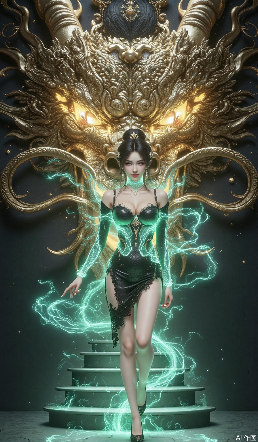 A super-fine close-up, a cool and beautiful woman stood in front of a huge golden dragon head, with the dragon head occupying the entire background, the longan looked straight into the camera, her eyes were majestic, the dragon scales shining with metallic luster, the dragon whiskers fluttered, and a faint smoke surrounded. The beauty was wearing a tight black leather skirt, tall, long legs, slim lines, 12 cm stilettos, and slightly raised one foot and stepped on the green jade steps. The contrast between light and shadow is strong, the background is dark, and the spotlight comes from the side, highlighting the outline of the beauty and the details of the faucet. Cyberpunk is integrated with Chinese mythological style, with surreal 8K rendering, real skin texture, longan radiates a faint light, and the overall picture is full of oppression and sexy tension. "**