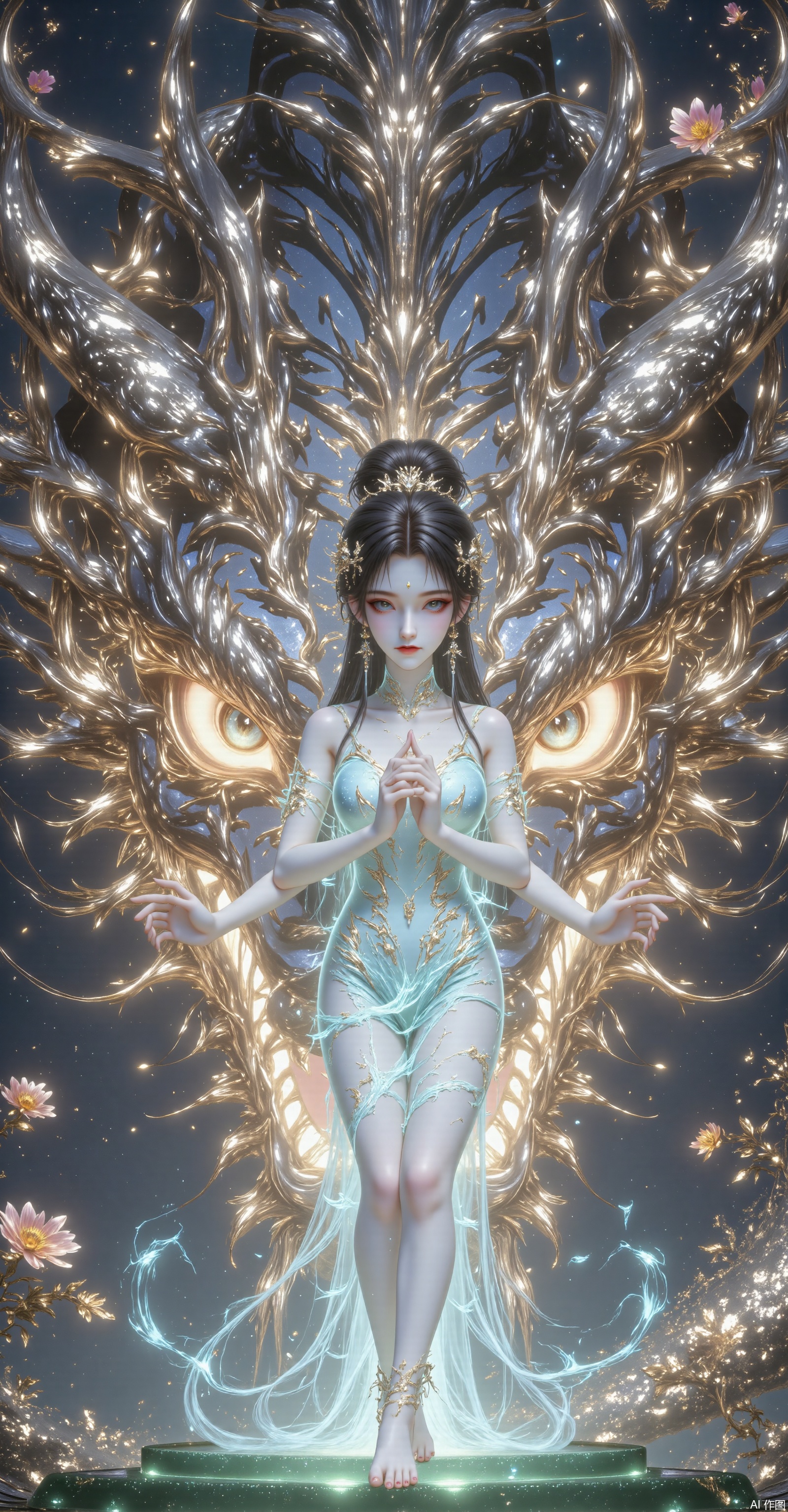 In Ultra-Macro close-up, a cool and beautiful woman stands in front of a huge glowing golden dragon head, standing between the dragon's two eyes, occupying the entire background. There was only one huge faucet, Lange's eyes looked straight at the camera, majestic eyes. The dragon's scales have a metallic luster; the dragon's whiskers are flowing. The surrounding environment is surrounded by faint colorful auspicious clouds. The beauty wore a blue flame dress with long legs and slender lines. She was wearing 12 cm high heels, raised one foot slightly, and stepped on the green emerald steps. The contrast between light and shadow is strong, related to the galaxy background, with the side spotlights outlining the beautiful outline and the details of the faucet. The Cyberpunk style blends perfectly with Chinese mythological elements and uses surreal 8K rendering technology to truly present the skin texture. Longman emits a faint light, and the overall situation is filled with oppression and sexy tension. There i