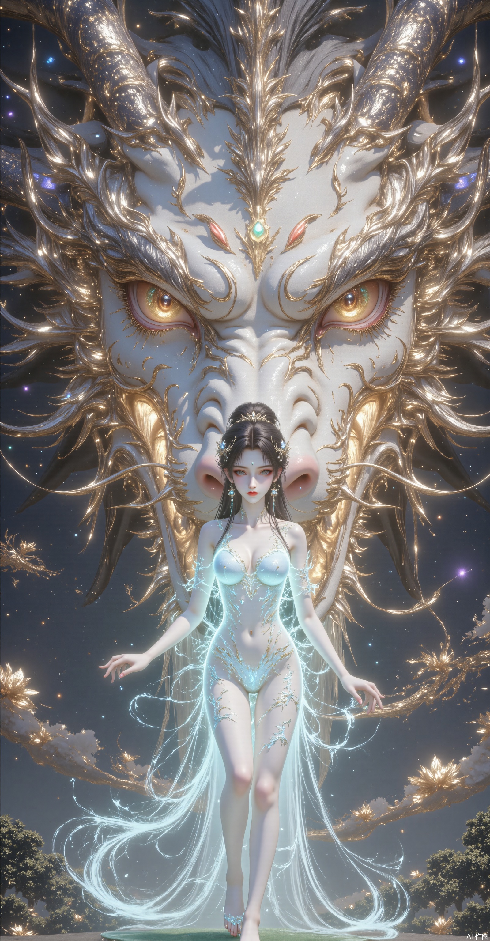 In Ultra-Macro close-up, a cool and beautiful woman stands in front of a huge glowing golden dragon head, standing between the dragon's two eyes, occupying the entire background. There was only one huge faucet, Lange's eyes looked straight at the camera, majestic eyes. The dragon's scales have a metallic luster; the dragon's whiskers are flowing. The surrounding environment is surrounded by faint colorful auspicious clouds. The beauty wore a blue flame dress with long legs and slender lines. She was wearing 12 cm high heels, raised one foot slightly, and stepped on the green emerald steps. The contrast between light and shadow is strong, related to the galaxy background, with the side spotlights outlining the beautiful outline and the details of the faucet. The Cyberpunk style blends perfectly with Chinese mythological elements and uses surreal 8K rendering technology to truly present the skin texture. Longman emits a faint light, and the overall situation is filled with oppression and sexy tension. There i