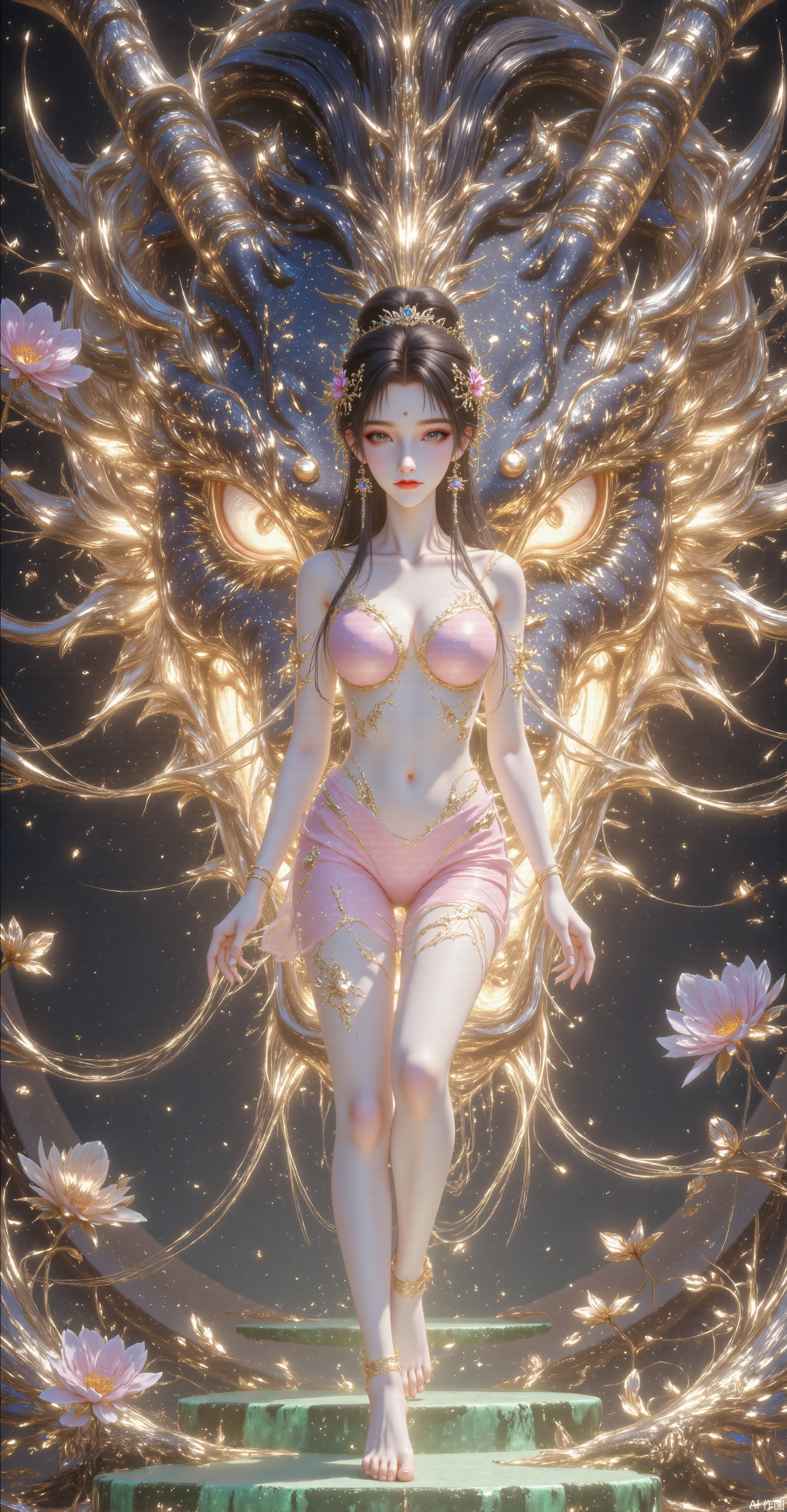 In the ultra-macro close-up, a cool and beautiful woman stands in front of a huge glowing golden faucet, which occupies the entire background. There is only one huge dragon head, the longan eyes look straight into the camera, with majestic eyes; the dragon scales shine with metallic luster; the dragon whiskers are flowing; and the surroundings are surrounded by faint colorful auspicious clouds. The beauty was wearing a pink flame skirt, with long legs and slender lines. She wore 12 cm high heels, raised one foot slightly and stepped on the green jade steps. The contrast between light and shadow is strong, with the galaxy background, and the spotlight on the side outlines the outline of the beauty and the details of the faucet. The cyberpunk style is perfectly integrated with Chinese mythological elements, and uses surreal 8K rendering technology to truly present the skin texture. The longan emits a faint light, and the overall picture is full of oppression and sexy tension. There is only one faucet, one fau