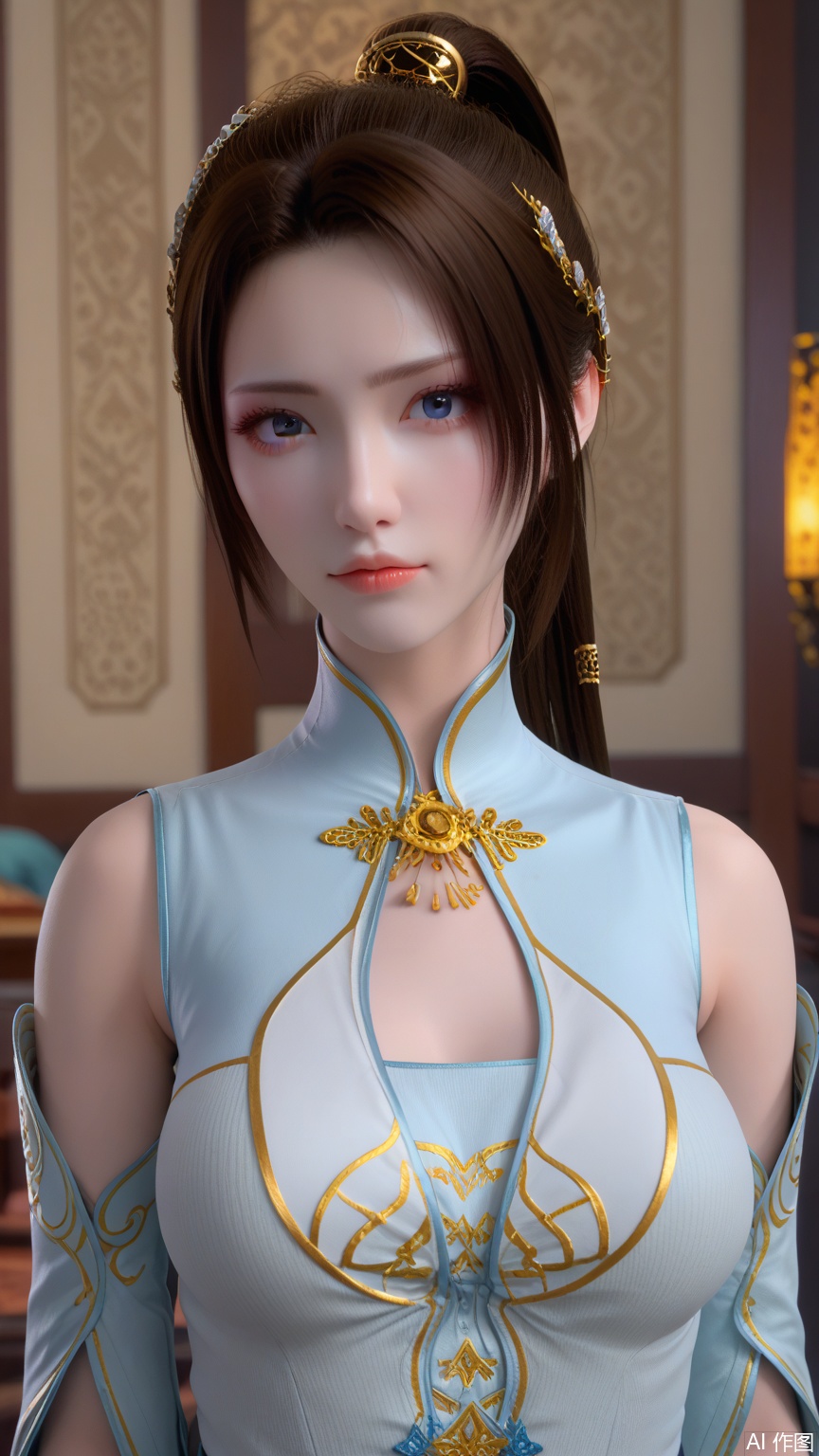  score_9_up,score_8_up,score_7_up, (high definition, Best quality, masterpiece, 4K, exquisite skin), perfect_anatomy, (starlight and beam background:1.1), 1girl, ponytail holder, solo, big breasts, looking at viewer, upper_body