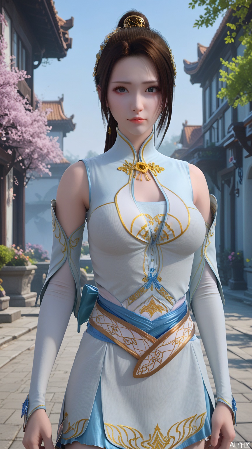  score_9_up,score_8_up,score_7_up, (high definition, Best quality, masterpiece, 4K, exquisite skin), perfect_anatomy, (starlight and beam background:1.1), 1girl, ponytail holder, solo, big breasts, looking at viewer, cowboy_shot