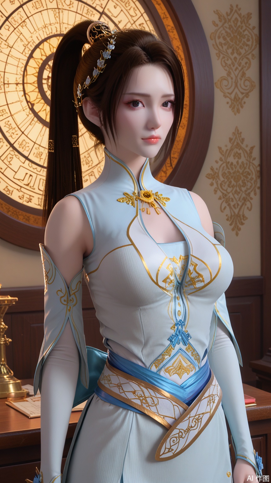  score_9_up,score_8_up,score_7_up, (high definition, Best quality, masterpiece, 4K, exquisite skin), perfect_anatomy, (starlight and beam background:1.1), 1girl, ponytail holder, solo, big breasts, looking at viewer, cowboy_shot