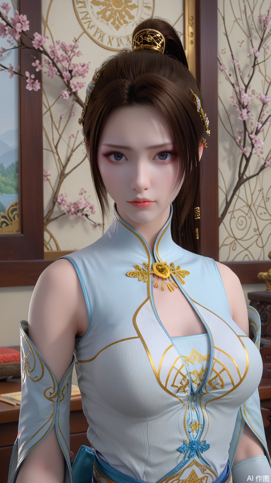  score_9_up,score_8_up,score_7_up, (high definition, Best quality, masterpiece, 4K, exquisite skin), perfect_anatomy, (starlight and beam background:1.1), 1girl, ponytail holder, solo, big breasts, looking at viewer, upper_body