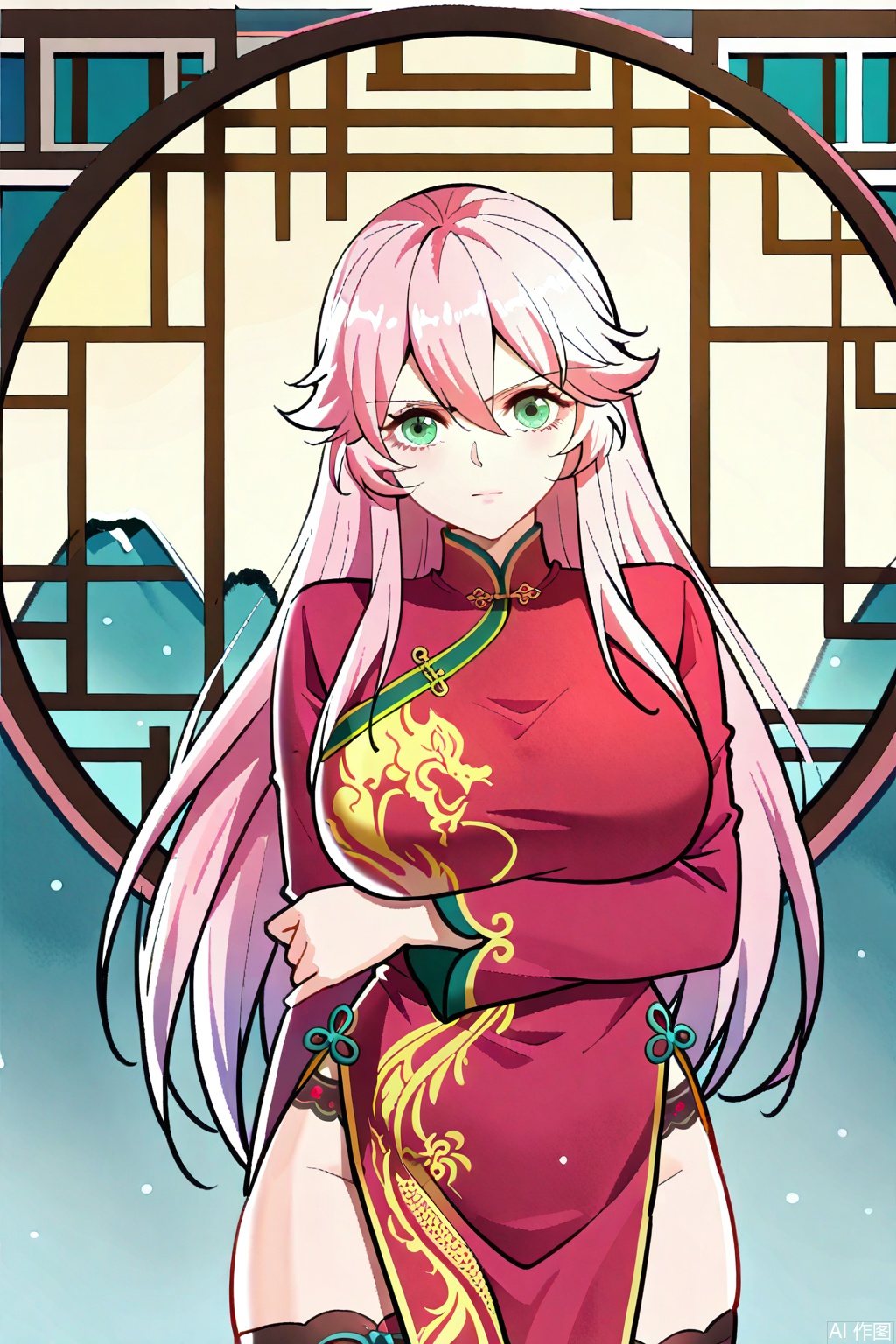 1girl, solo, long hair, breasts, looking at viewer, bangs, large breasts, thighhighs, long sleeves, dress, hair between eyes, very long hair, closed mouth, green eyes, pink hair, thighs, pink hair,Cheongsam,masterpiece,best quality,official art,extremely detailed CG unity 8k wallpaper,upper body,looking at viewer,Random scene,