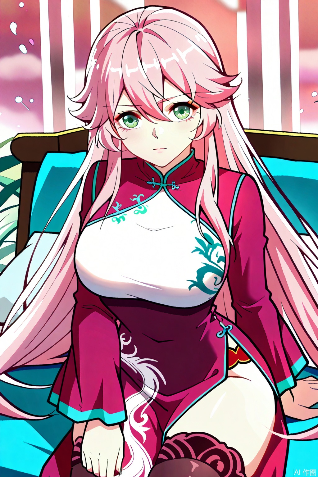 1girl, solo, long hair, breasts, looking at viewer, bangs, large breasts, thighhighs, long sleeves, dress, hair between eyes, very long hair, closed mouth, green eyes, pink hair, thighs, pink hair,Cheongsam,masterpiece,best quality,official art,extremely detailed CG unity 8k wallpaper,upper body,looking at viewer,Random scene,