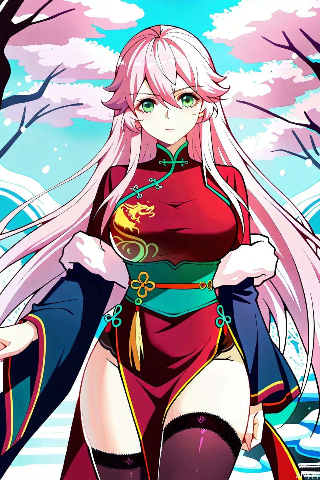 1girl, solo, long hair, breasts, looking at viewer, bangs, large breasts, thighhighs, long sleeves, dress, hair between eyes, very long hair, closed mouth, green eyes, pink hair, thighs, pink hair,Cheongsam,masterpiece,best quality,official art,extremely detailed CG unity 8k wallpaper,upper body,looking at viewer,Random scene,