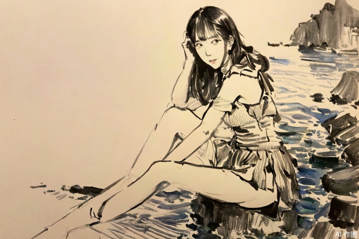 sketch,黑白画面,海滩,少女散步