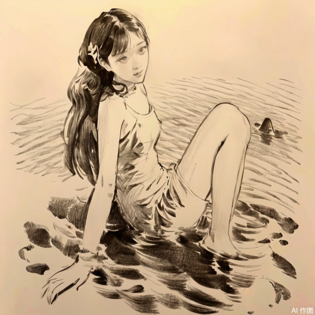 sketch,黑白画面,海滩,少女玩水
