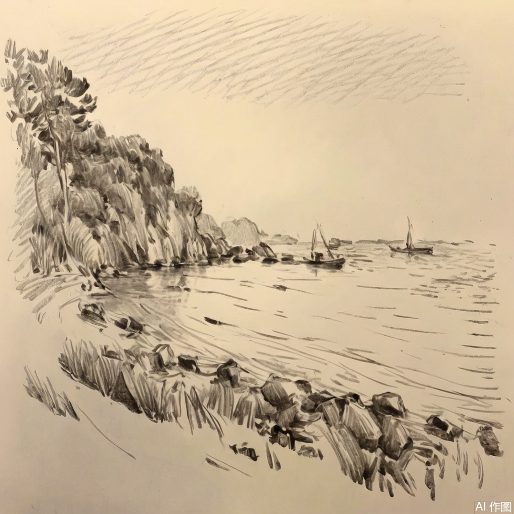 sketch,海滩,落日,椰子树