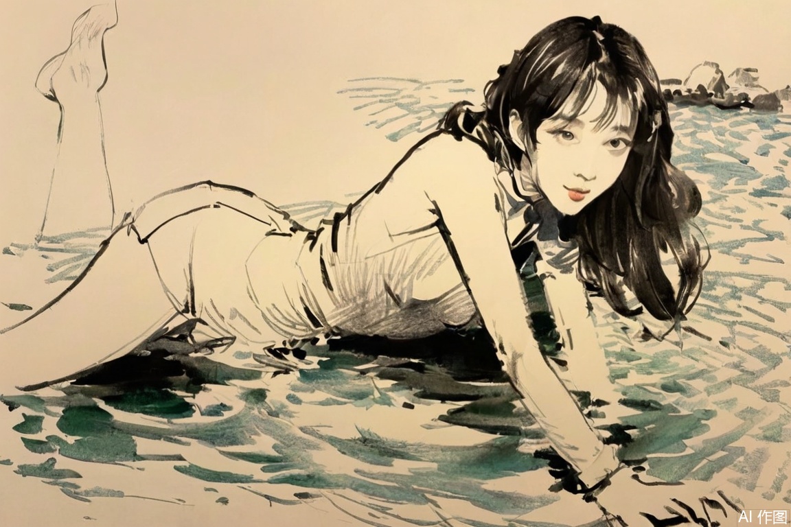 sketch,黑白画面,海滩,少女散步