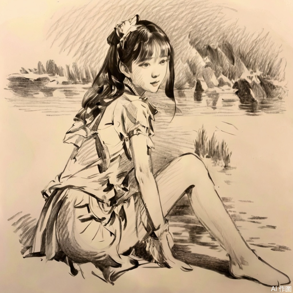 sketch,黑白画面,海滩,少女散步,椰子树