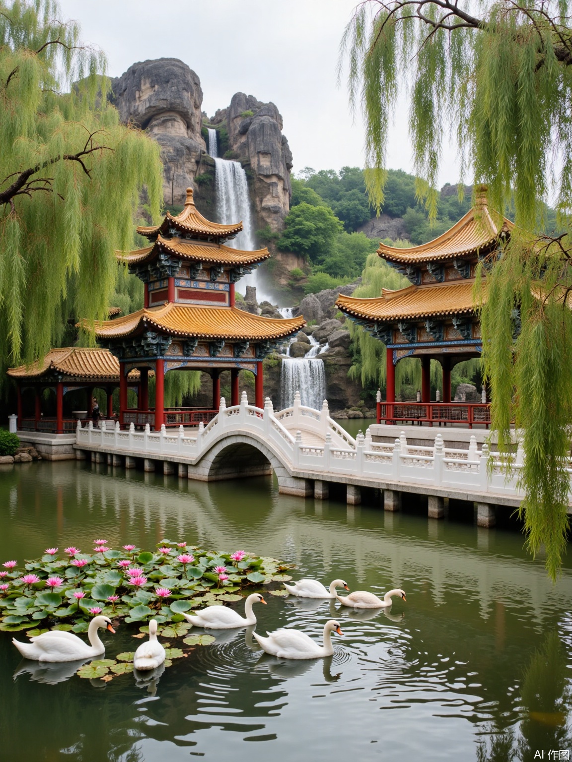 In the ancient Chinese royal garden, the white marble bridge spans an artificial lake, connecting the pavilion in the middle of the lake with the shore. The pavilions and towers are covered with golden glazed tiles, and carved beams and painted pillars. The weeping willows swaying by the lake, the water lilies bloom in the lake, and a group of swans cruising. The rockery is towering in the distance, and the waterfall pours down from the top of the mountain.