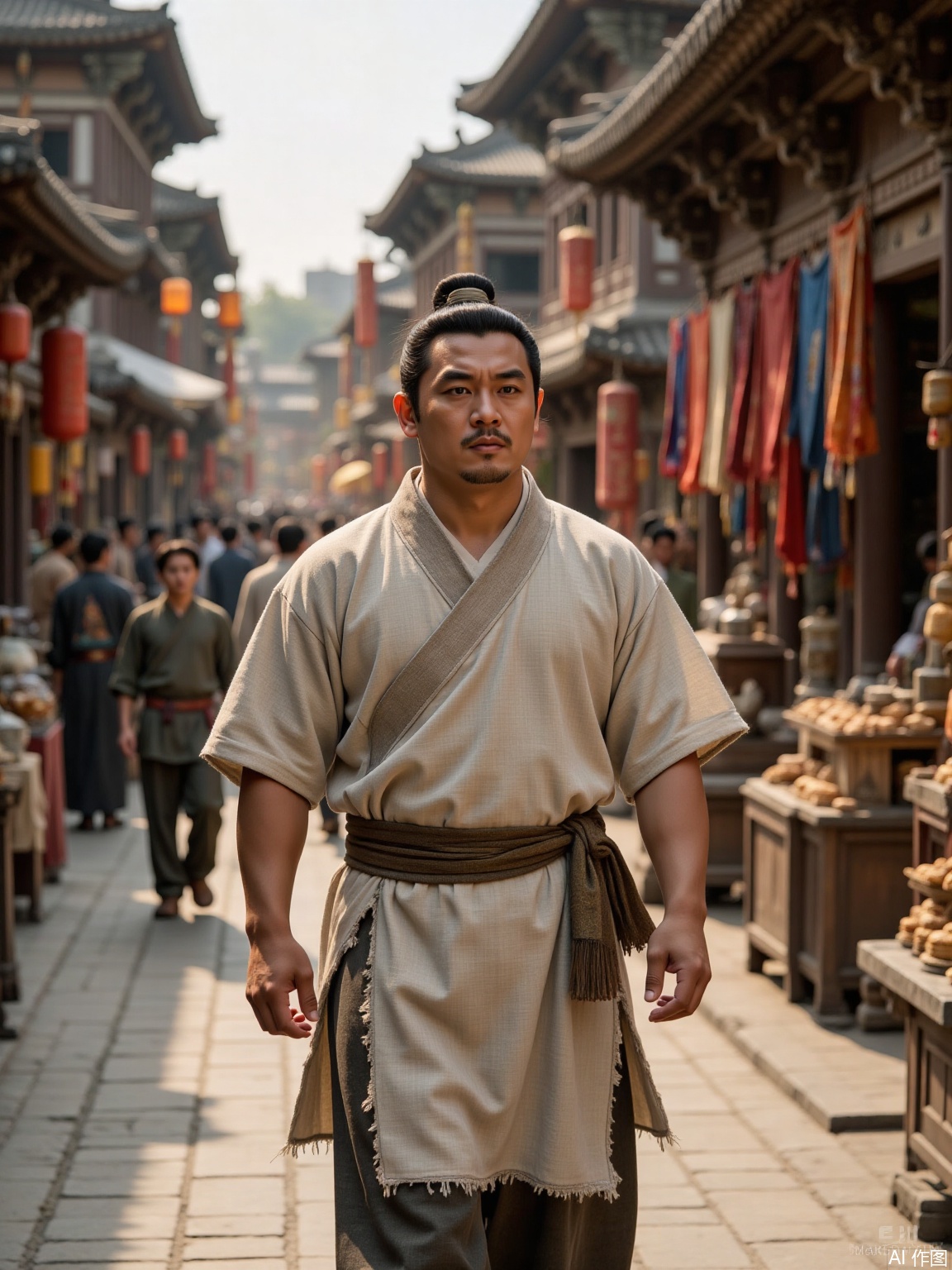 In the bustling ancient streets of the Tang Dynasty in China, an ancient man wandered leisurely. He was wearing a ripped coarse cloth short coat, which could not cover up his plump muscles. Although it was not gorgeous, it exuded the comfort of home. His resolute face and eyebrows looked very energetic, as if he was blocking the naughty sunlight, and his chin had a little bit of cramp.
The man held his head up and his chest was straight and his pace was neither too fast nor too slow. There are many shops on both sides of the street. The pastry shop here is filled with sweet fragrance, and the colorful silk from the cloth shop there sways lightly in the wind. The shouts and laughter were intertwined, making it very lively. Occasionally, he would stop and his eyes stayed on novel objects for a moment. A trace of curiosity flashed in his eyes, but he didn't linger. He continued to walk forward and blended into the prosperity of fireworks. The style of the picture is real photos.