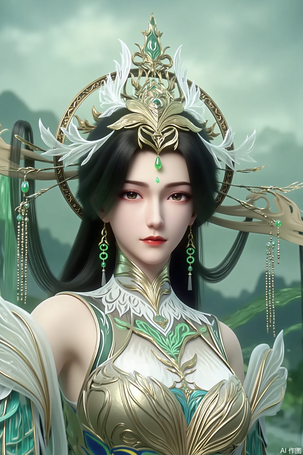 Overall Style: Eastern fantasy Xianxia style. The picture features high - saturation colors and delicate detail depiction, presenting a gorgeous, elegant, and otherworldly visual effect.
 
Art Style: It adopts a delicate and realistic digital painting style, combining the exquisite lines of traditional Eastern fine - brush painting with the lifelike texture of modern digital art. The light and shadow are handled naturally and softly, creating a dreamy atmosphere.
 
Composition: Half - body portrait composition. The main character is positioned in the center of the picture, and the subject is highlighted through reasonable white space and background elements.
 
Shooting Angle: A frontal angle with a slight upward tilt, showing the dignity and nobility of the character, and clearly presenting the details of the face and clothing.
 
Expression: The eyes are firm and calm, looking straight ahead, exuding an air of calm confidence and otherworldliness. The corners of the mouth are smooth, and the expression is dignified.
 
Hairstyle: Long, shiny black hair, some of which falls smoothly while part is coiled up. The hairstyle is exquisitely and intricately designed, paired with a headdress and hair ornaments, showing elegance and grandeur.
 
Clothing Style: Xianxia - style clothing. The upper body is form - fitting to highlight the figure. There are flowing tulle decorations on the shoulders, as agile as wings. The main colors of the clothing are blue and gold. The golden patterns are delicate and complex, and the blue part is deep and mysterious. The material resembles silk and satin, with a glossy and textured appearance.
 
Makeup: The eyebrows are slender and curved like willow leaves. The eye makeup uses a natural brown tone, paired with delicate eyeliner to highlight the bright and expressive eyes. The lip color is a rich, high - saturation red, highlighting dignity and beauty. A green gemstone flower sticker adorns the forehead, adding a classical charm.
 
Accessories and Decorations: Wears a magnificent gold - ornamented headdress inlaid with green gemstones and white feather - like decorations. Paired with earrings of the same color system, connected by metal chains and round gemstones, adding a sense of agility. There is a high - collar metal decoration on the neck, echoing the patterns on the clothing.
 
Background: A misty landscape background in light green tones, with clouds and mist swirling and mountains faintly visible, creating an ethereal and mysterious Xianxia world atmosphere.
 
Image Quality: Ultra - high resolution. The picture is clear and sharp, with rich details, no jagged edges, natural texture transitions, and realistic light and shadow effects, reaching a cinematic - quality standard.