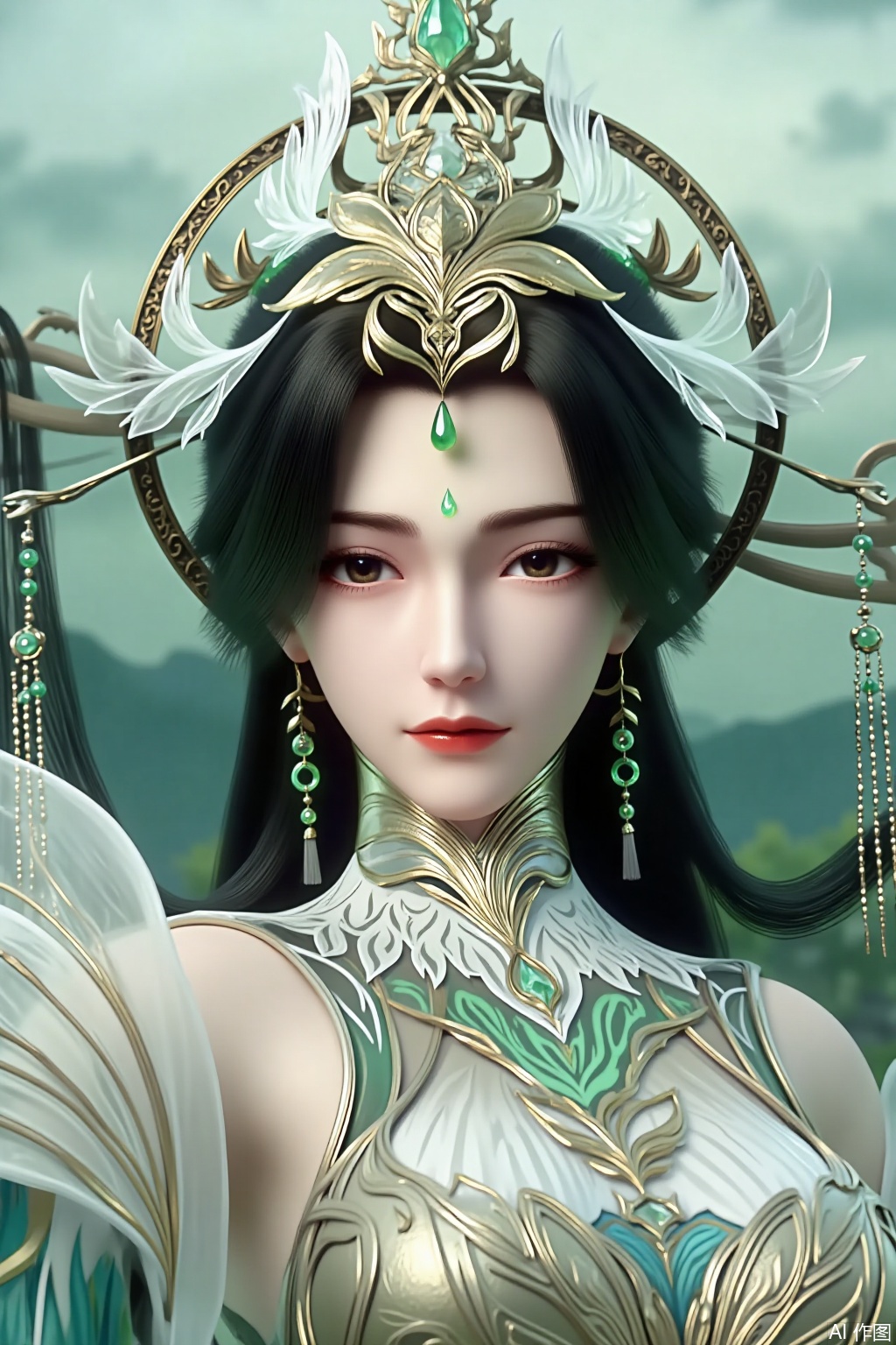 Overall Style: Eastern fantasy Xianxia style. The picture features high - saturation colors and delicate detail depiction, presenting a gorgeous, elegant, and otherworldly visual effect.
 
Art Style: It adopts a delicate and realistic digital painting style, combining the exquisite lines of traditional Eastern fine - brush painting with the lifelike texture of modern digital art. The light and shadow are handled naturally and softly, creating a dreamy atmosphere.
 
Composition: Half - body portrait composition. The main character is positioned in the center of the picture, and the subject is highlighted through reasonable white space and background elements.
 
Shooting Angle: A frontal angle with a slight upward tilt, showing the dignity and nobility of the character, and clearly presenting the details of the face and clothing.
 
Expression: The eyes are firm and calm, looking straight ahead, exuding an air of calm confidence and otherworldliness. The corners of the mouth are smooth, and the expression is dignified.
 
Hairstyle: Long, shiny black hair, some of which falls smoothly while part is coiled up. The hairstyle is exquisitely and intricately designed, paired with a headdress and hair ornaments, showing elegance and grandeur.
 
Clothing Style: Xianxia - style clothing. The upper body is form - fitting to highlight the figure. There are flowing tulle decorations on the shoulders, as agile as wings. The main colors of the clothing are blue and gold. The golden patterns are delicate and complex, and the blue part is deep and mysterious. The material resembles silk and satin, with a glossy and textured appearance.
 
Makeup: The eyebrows are slender and curved like willow leaves. The eye makeup uses a natural brown tone, paired with delicate eyeliner to highlight the bright and expressive eyes. The lip color is a rich, high - saturation red, highlighting dignity and beauty. A green gemstone flower sticker adorns the forehead, adding a classical charm.
 
Accessories and Decorations: Wears a magnificent gold - ornamented headdress inlaid with green gemstones and white feather - like decorations. Paired with earrings of the same color system, connected by metal chains and round gemstones, adding a sense of agility. There is a high - collar metal decoration on the neck, echoing the patterns on the clothing.
 
Background: A misty landscape background in light green tones, with clouds and mist swirling and mountains faintly visible, creating an ethereal and mysterious Xianxia world atmosphere.
 
Image Quality: Ultra - high resolution. The picture is clear and sharp, with rich details, no jagged edges, natural texture transitions, and realistic light and shadow effects, reaching a cinematic - quality standard.