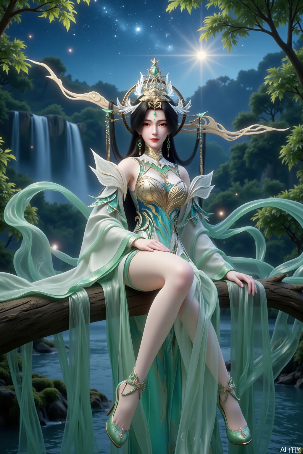 Overall: In an Eastern fantasy Xianxia style, integrating mythological and fantastical elements to showcase an otherworldly and ethereal dreamy atmosphere.
Art Style: Realistic and meticulous digital painting style, combining the charm of traditional Eastern paintings. The colors are gorgeous with natural transitions, and the light and shadow are exquisitely and realistically handled.
Composition: The character is the visual center of the picture. A sitting - pose composition is adopted, and environmental elements are used for contrast, making the picture balanced and rich in layers.
Shooting Angle: A平视(level) angle is used to display the character's elegant posture and details, enhancing the sense of intimacy and authenticity in the picture.
Gesture: Sitting on a tree branch with a relaxed and natural posture.
Expression: The eyes are灵动(vivid) and full of affection, with shimmering pupils. The corners of the mouth carry a faint smile, and the expression is gentle and ethereal.
Hairstyle: Long, jet - black hair. Part of it is coiled up and matched with a magnificent headdress, while the rest falls naturally with smooth lines.
Clothing Style: Xianxia - style clothing. The upper body is form - fitting to highlight the figure. The sleeves are wide and as light as feathers. The skirt is short, revealing the legs, and is paired with flowing long veils. The material resembles silk and satin, with a glossy texture.
Makeup: The eyebrows are as slender and graceful as emerald feathers. The eye makeup is exquisite, with colors echoing the clothing. The lip color is bright and vivid, and a delicate flower sticker adorns the forehead.
Accessories: There are vine - like ornaments with green leaves on the wrists and ankles, which match the overall style.
Decoration: Wears a headdress composed of magnificent gold ornaments, jade, and white feathers, paired with earrings and necklaces of the same color system. The chain and tassel design adds a sense of agility.
Background: A fantastical natural scene with lush trees, gurgling waterfalls, a serene lake, and a night sky filled with bright stars and mysterious halos, creating a dreamy atmosphere.
Image Quality: Ultra - high resolution, rich in details, with clear textures and natural light and shadow, reaching a film - and - television - level visual effect.