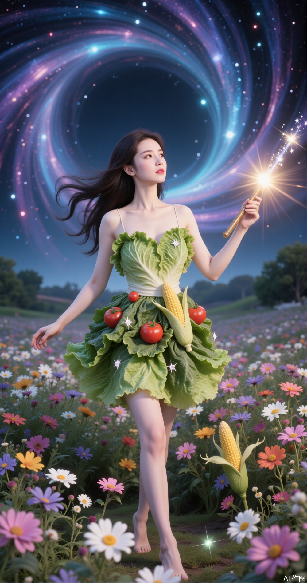 Vegetable dress
￼
￼
The image depicts a surreal scene where a woman stands in a field of vibrant wildflowers under a starry night sky. She is dressed in a whimsical
￼
￼
vegetable-themed dress made from lettuce
￼
￼
tomatoes
￼
￼
and corn
￼
￼
with a wand in her right hand emitting a bright light. Her hair flows freely
￼
￼
and she appears to be gazing upwards
￼
￼
exuding a sense of wonder and magic. The background features a swirling galaxy
￼
￼
adding a fantastical and otherworldly atmosphere to the scene.
￼
￼
￼
￼
