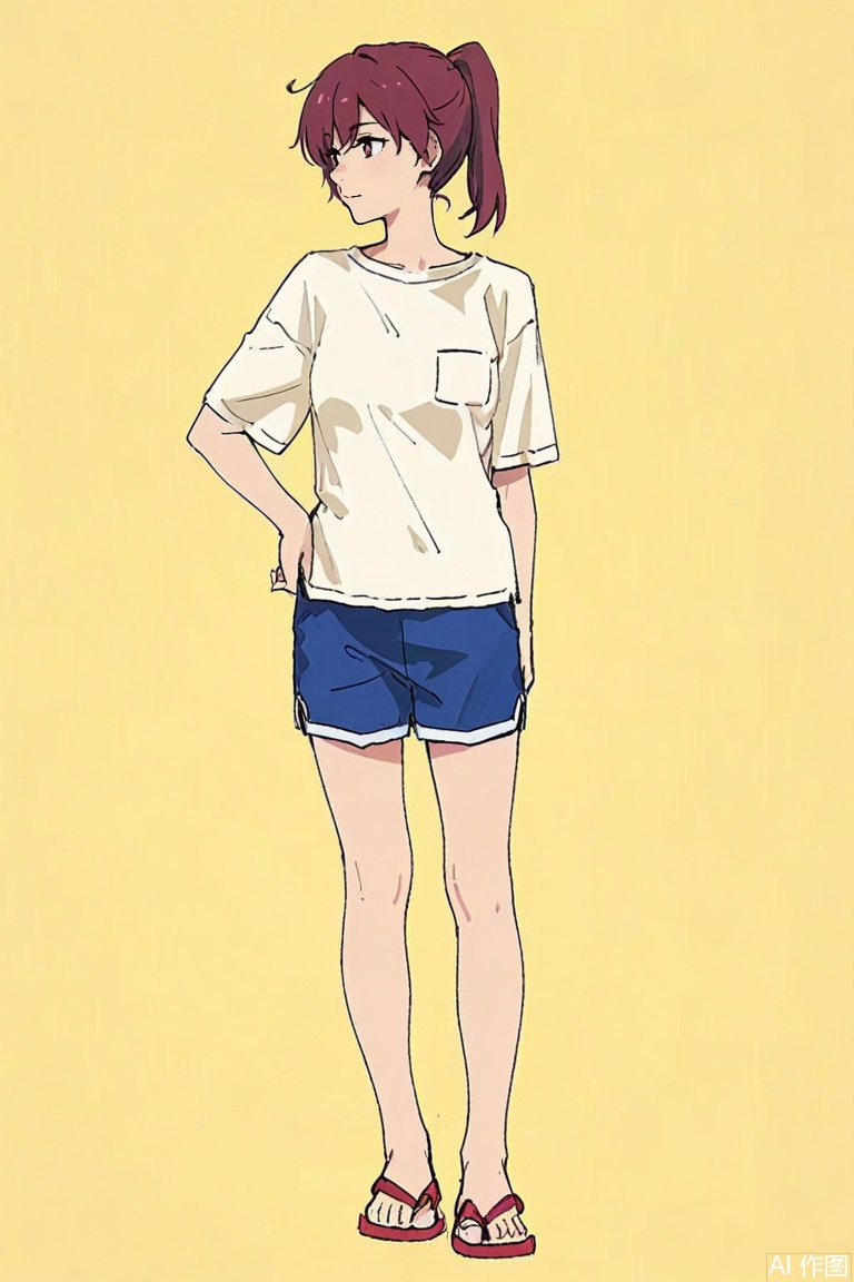 ponytail,su moting,red shoes,1girl,white t-shirt,blue shorts,flip-flops,breast pocket,Sketch style