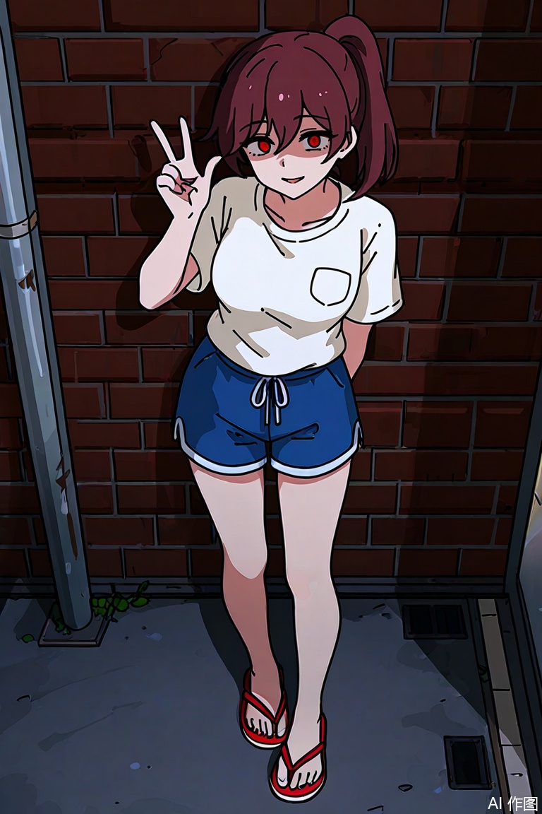 ponytail,su moting,red shoes,1girl,white t-shirt,blue shorts,flip-flops,breast pocket,yandere,XPS