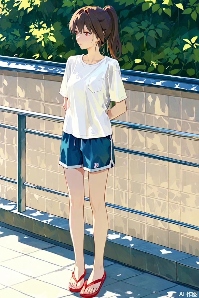 ponytail,su moting,red shoes,1girl,white t-shirt,blue shorts,flip-flops,breast pocket,Sketch style,Futurism