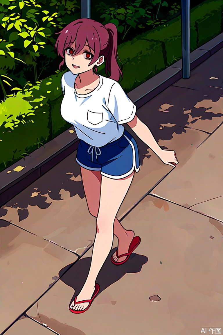 ponytail,su moting,red shoes,1girl,white t-shirt,blue shorts,flip-flops,breast pocket,yandere,BPYS,landscape