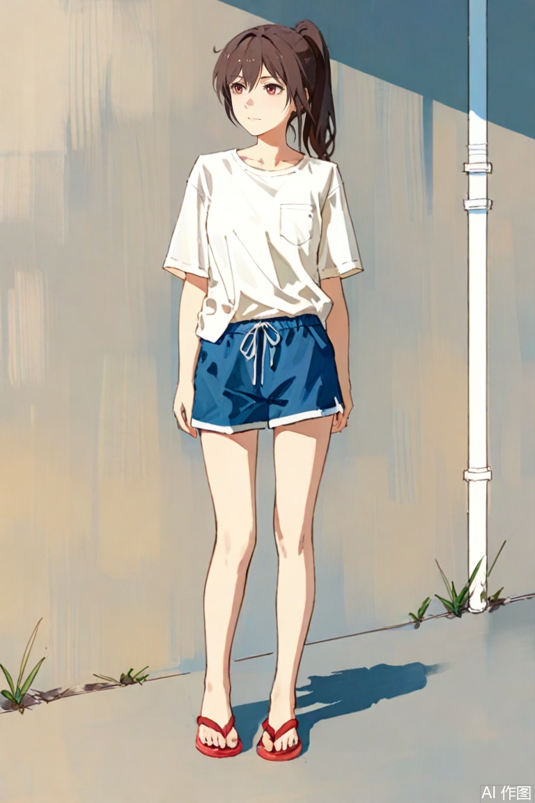 ponytail,su moting,red shoes,1girl,white t-shirt,blue shorts,flip-flops,breast pocket,Sketch style,Futurism