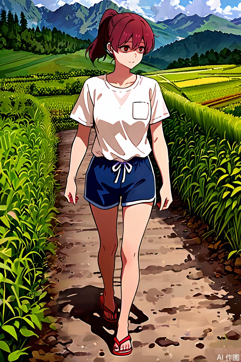 ponytail,su moting,red shoes,1girl,white t-shirt,blue shorts,flip-flops,breast pocket,yandere,landscape,PTYS